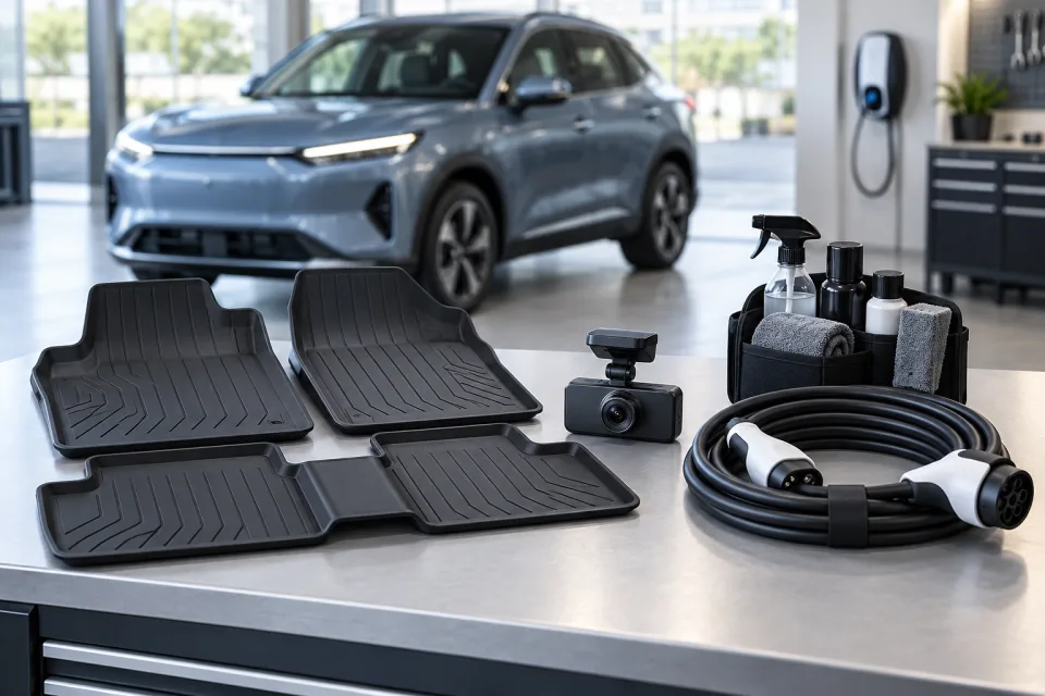 Minh hoạ phụ kiện xe điện VinFast Thảm sàn, camera hành trình, cáp sạc và bộ chăm sóc xe điện trên bàn trưng bày