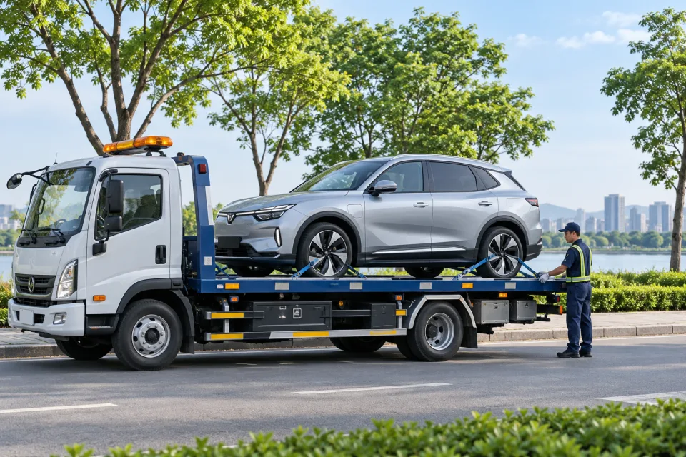 Minh hoạ hỗ trợ cứu hộ xe điện VinFast Xe SUV điện được cố định trên xe cứu hộ sàn phẳng, bên cạnh là nhân viên hỗ trợ