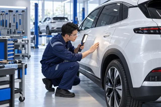 Minh hoạ sửa chữa thân xe VinFast Minh hoạ kỹ thuật viên kiểm tra bề mặt thân xe trước khi sửa chữa đồng sơn