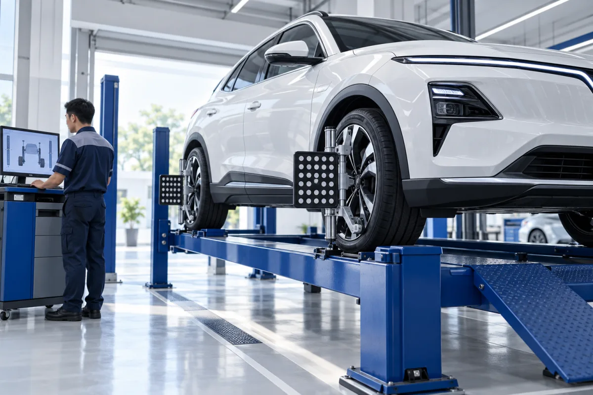 Minh hoạ kiểm tra góc đặt bánh xe bằng thiết bị cân chỉnh chuyên dụng
