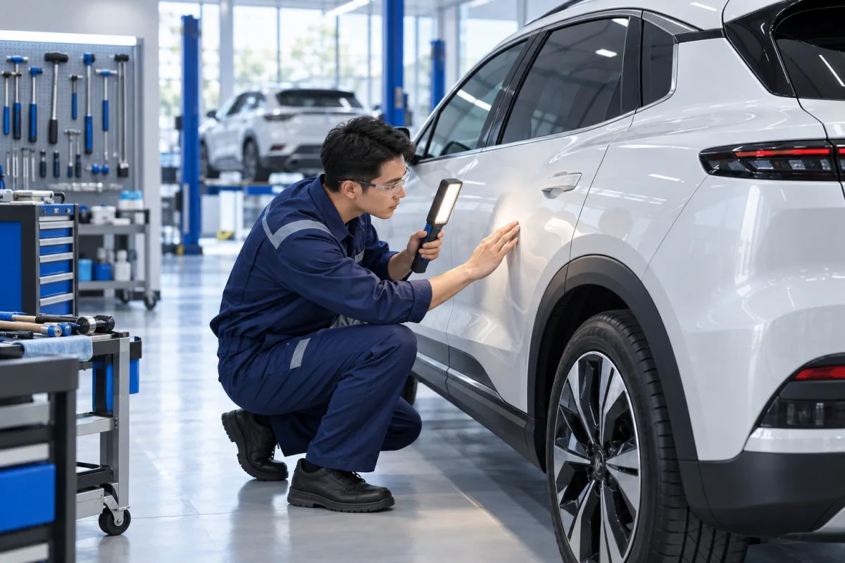 Minh hoạ kỹ thuật viên kiểm tra bề mặt thân xe trước khi sửa chữa đồng sơn
